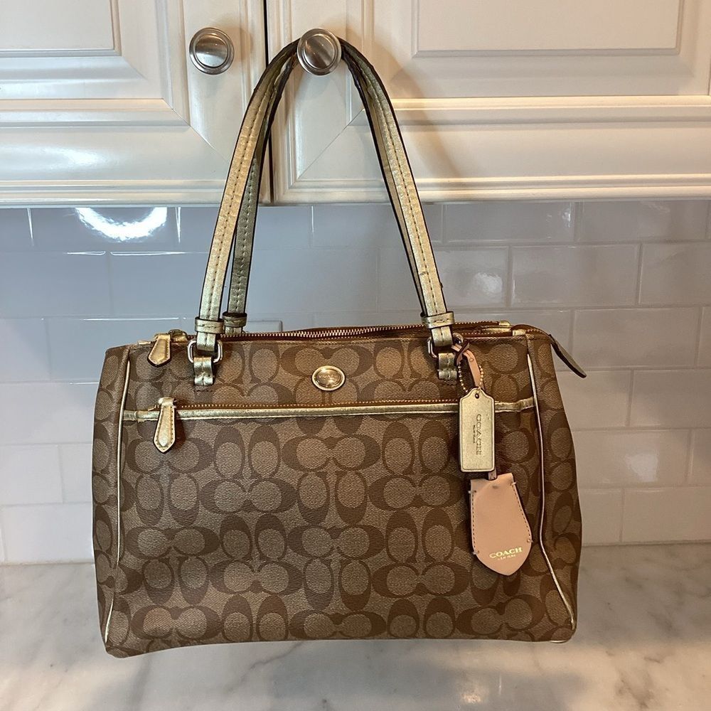 Coach Brown Signature Canvas Shoulder Bag with Pink Tag